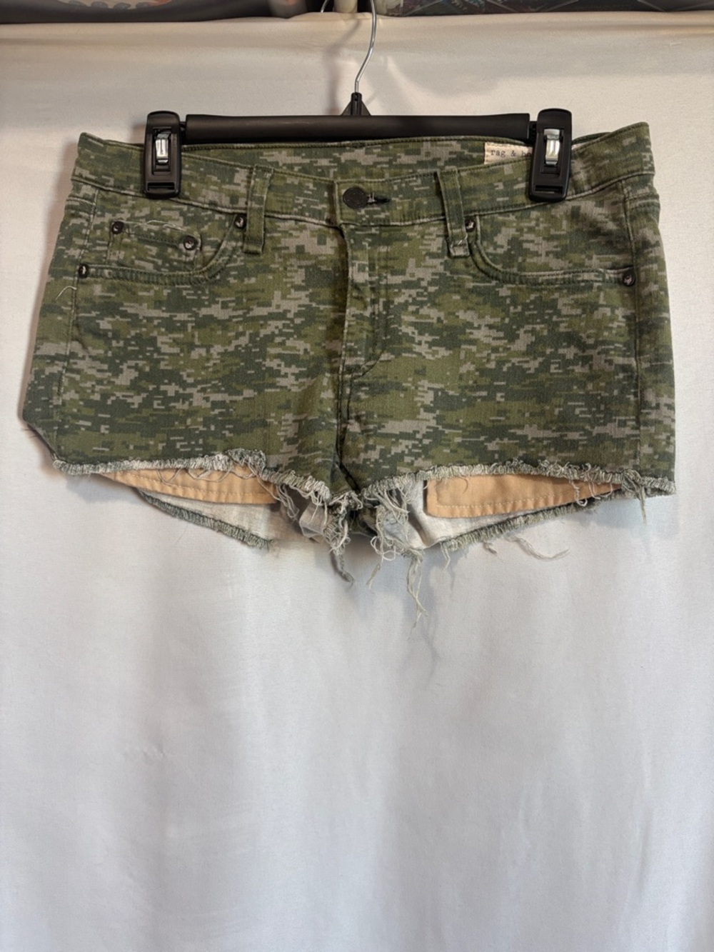 Women’s Camo Fringe Denim Shorts - Green